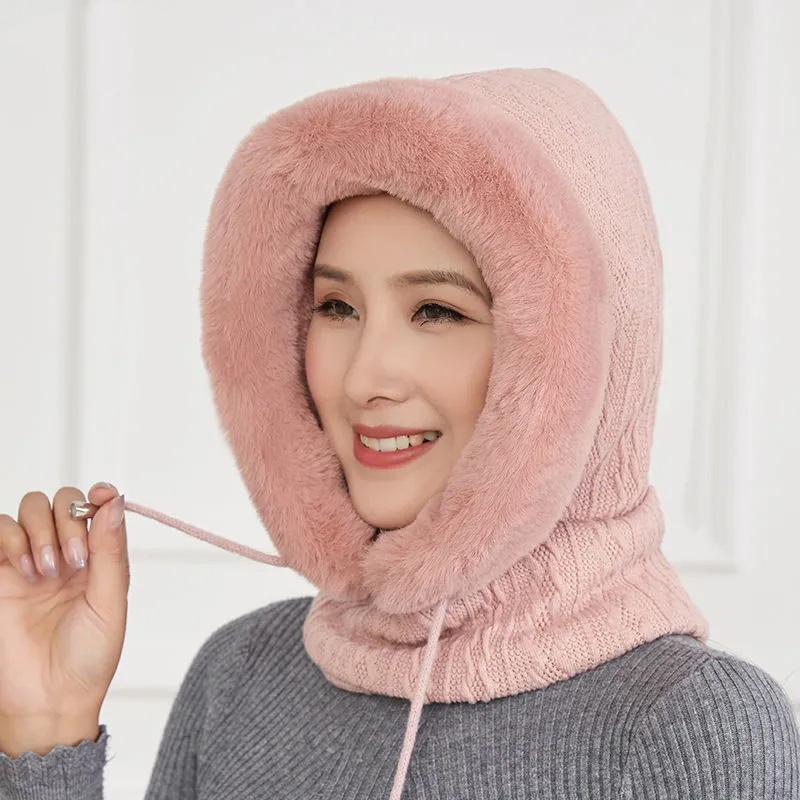 Women's Hat Plus Velvet Thick Warm Windproof Hood Ear Neck Protection Knitted Hat Woolen Cap Winter One-piece Cap Scarf Set