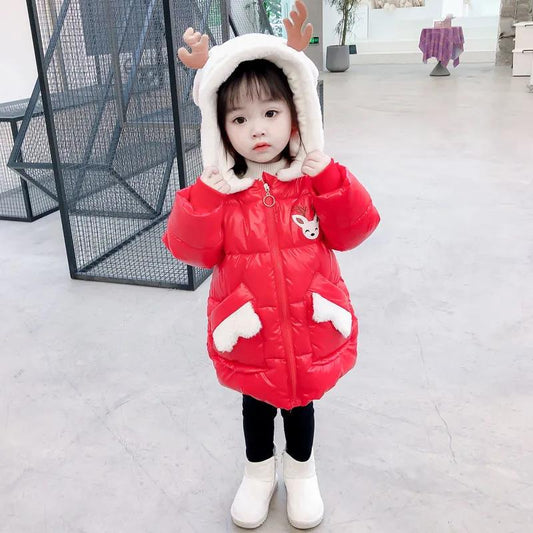 Girls' Cotton-padded Clothes Winter Clothes Rabbit Ears Hooded Jacket Children's Clothes Cute Mid-length Girls' Thicken Cotton-padded Jackets