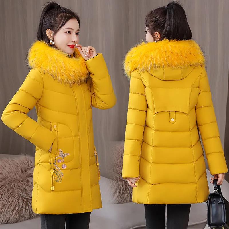 Down Jacket Winter Ladies Fashion Korean Big Fur Collar Thick Warm Hooded Mid-length Plus Size Cotton Jacket