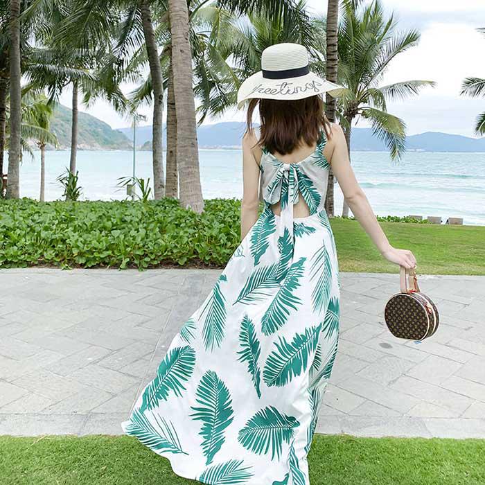 Pofulove Summer Women Green Leaf Sexy Dress Bohemia Sun-dresses Sleeveless Below Knee Beach Dresses