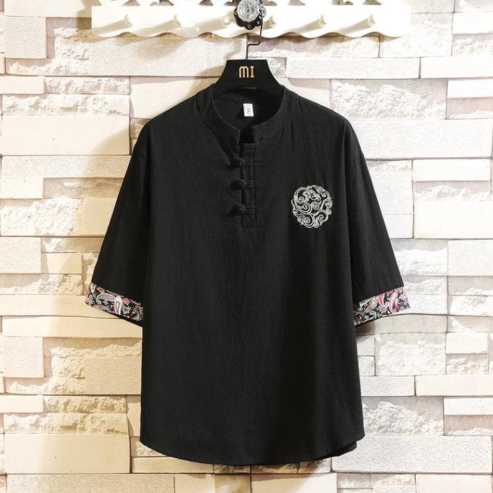 Chinese Style Linen Embroidery Men's T-shirt Summer Loose Short-sleeved Cotton and Linen Clothes