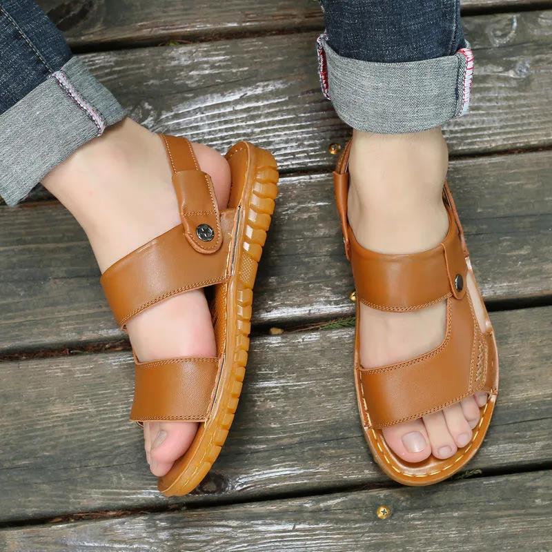 First Layer Cowhide Men's Sandals Tendon Sole Leather Beach Shoes Summer Leisure Sandals and Slippers Non-slip Soft Sole Sandals