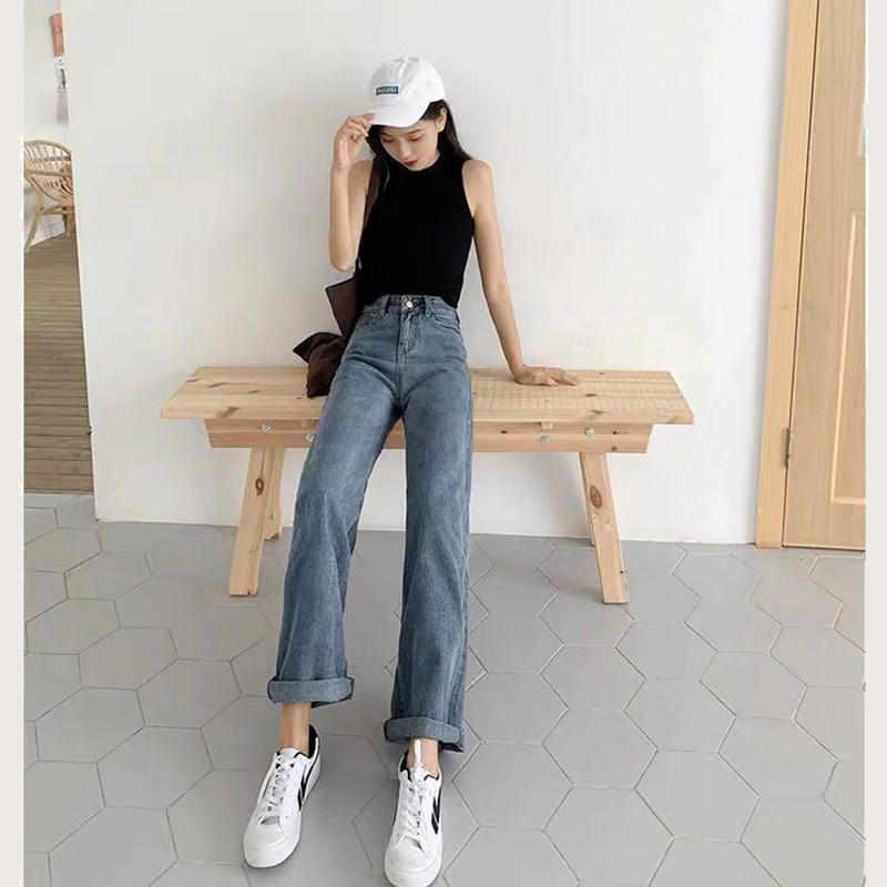 WTEMPO High Waist Women Jeans Loose Casual Great Elasticity Washed Denim Straight-leg Pants Super Long