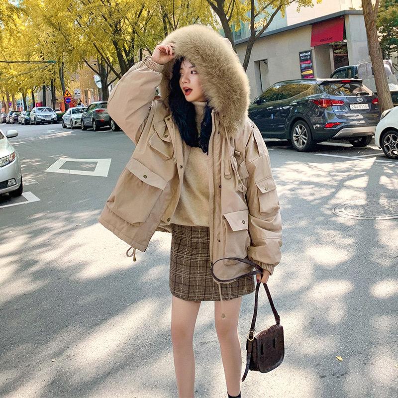 Cotton-padded Jacket Women's Fluffy Fur Collar Hooded Stand-up Collar Short Winter Loose Down Padded Jacket Plus Velvet Thick Warm Parka Jacket