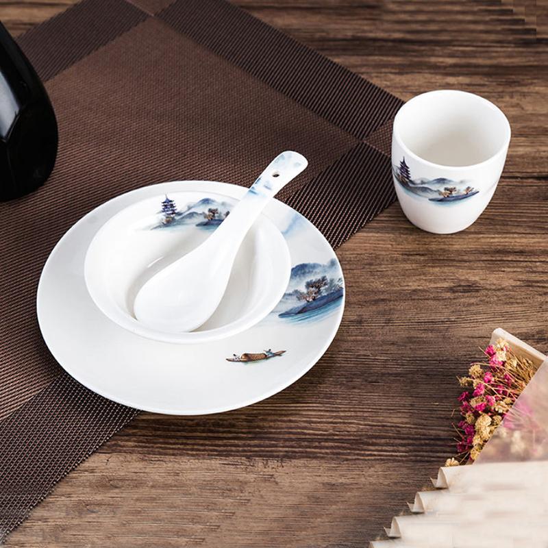 Chinese-style Hotel Tableware Four-piece Set of Bone Dish Fin Bowl Teacup Spoon Landscape Painting Ceramic Tableware