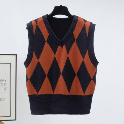 Autumn and Winter Retro Rhombus V-neck Knitted Vest Female Pullover Sleeveless Sweater