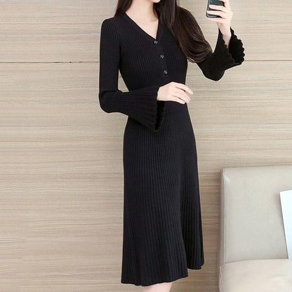 Autumn and Winter V-neck Knitted Dress Thick Flared Sleeve Tight-fitting Base Dress Mid-length Over The Knee Women's Sweater Dress