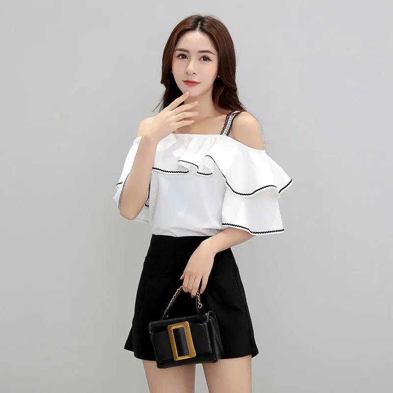 Loose and Thin Chiffon Shirt Small Fresh One-line Collar Sexy Ruffled Temperament Blouse Women's Strapless Chiffon Shirt