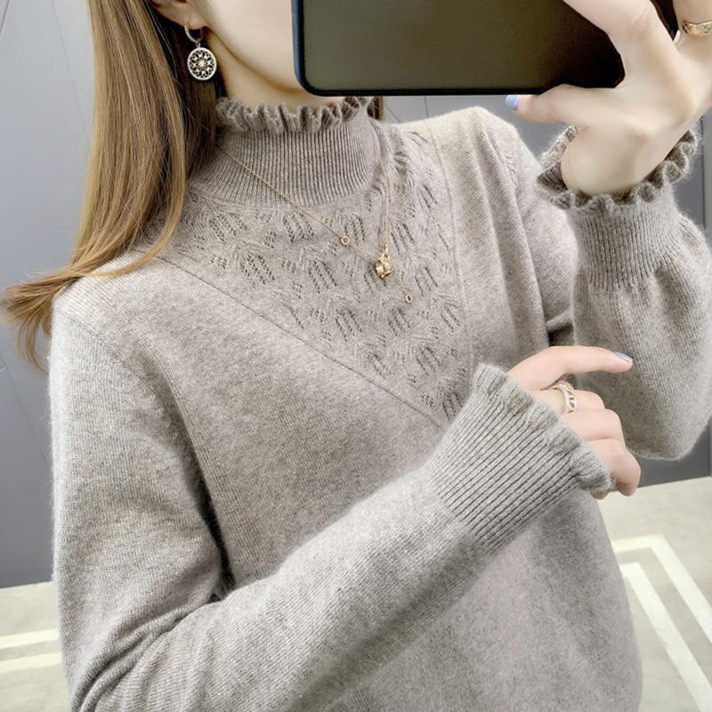 Sweater Autumn/winter Ruffled Half Turtleneck Sweater with Fungus Collar, Women's Bottoming Shirt, Foreign Style