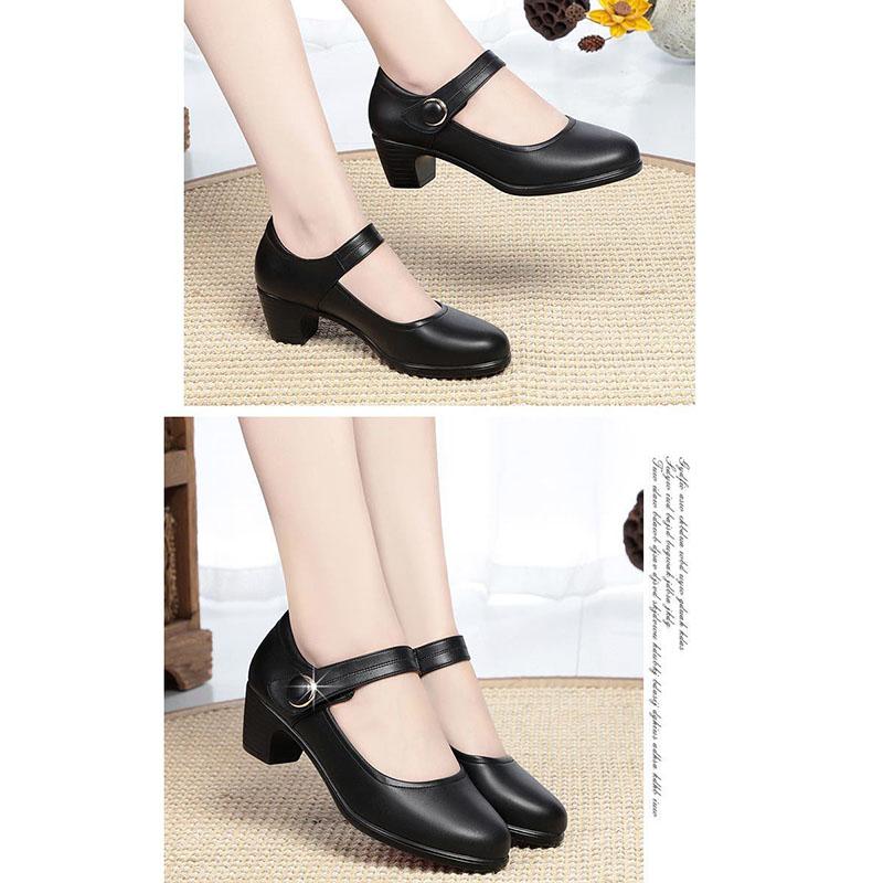 Spring and Autumn Mother's Soft Sole Comfortable Women's Single Shoes Real Soft Leather Shoes Thick Heel Middle-aged Velcro Mid-heel Shoes