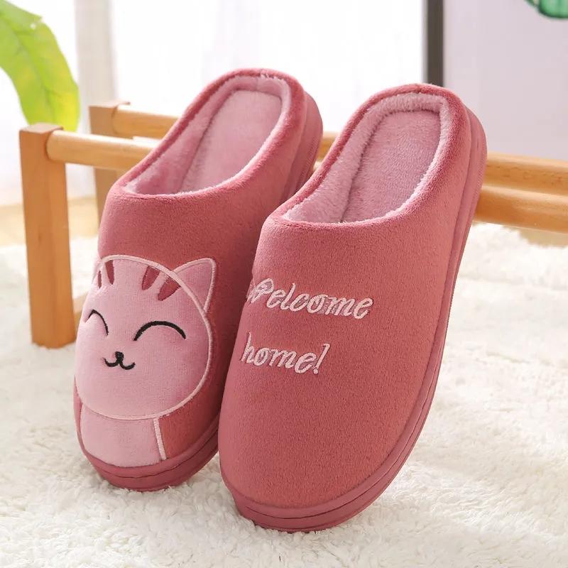 Women Winter Slippers Pin Cute Cat Thick Fleece Warm Home Couples Slippers Men Plus Size Slipper Non Slip Cotton Shoes