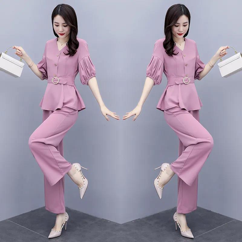 Ladies Chiffon Suit V-neck Waist Slimming Shirt Loose Wide-leg Pants Two-piece Loose and Thin Temperament Casual Two-piece Professional Wear