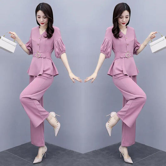 Ladies Chiffon Suit V-neck Waist Slimming Shirt Loose Wide-leg Pants Two-piece Loose and Thin Temperament Casual Two-piece Professional Wear