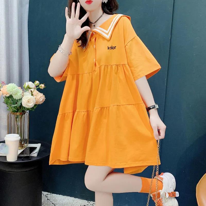 Women's Loose Summer Dress Round Neck Short-sleeved Large Skirt Dress Sailor Suit Dress Sweet and Cute Cotton Fabric Absorbent and Breathable