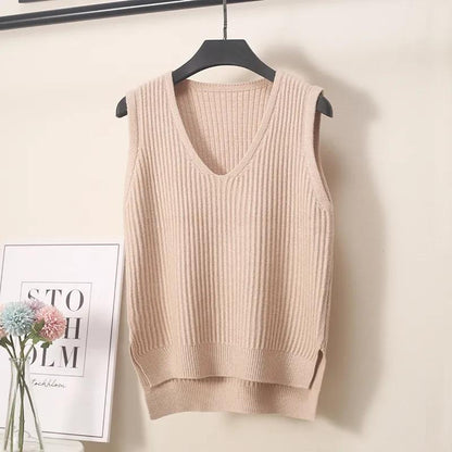 Women V Neck Knit Vest Waistcoat Short Solid Knitted Sleeveless Sweater Girls Autumn Winter Casual Korean Loose Wild Pullover Tops Jumper Outerwear