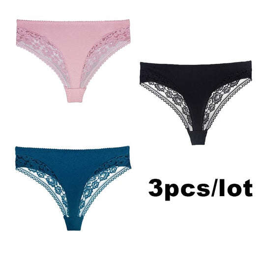 3Pcs Sexy Plus Size Thong Cotton Ladies Panties Mid Waist Breathable Lace Panties