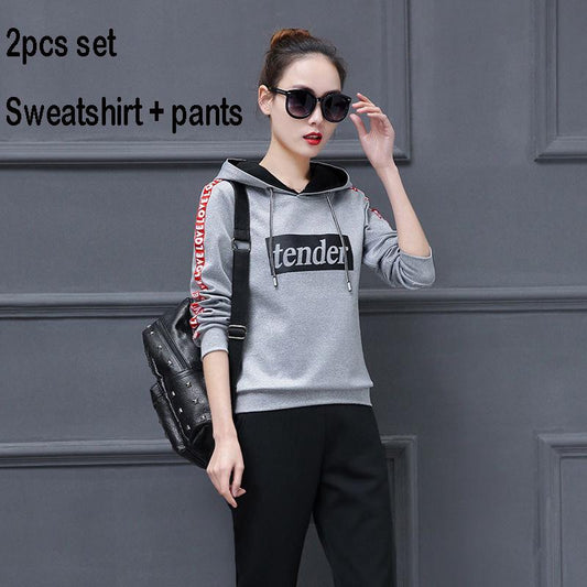 Long-sleeved casual sweatshirt set large size spring and autumn women's 2pcs set wild