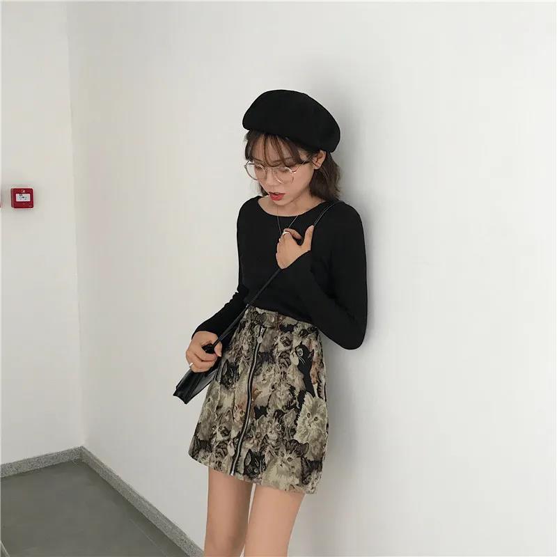 A-line Skirt Embroidered Cat Print Skirt Autumn and Winter Age Reduction Women's Bag Hip Skirt High Waist Skirt Female Student