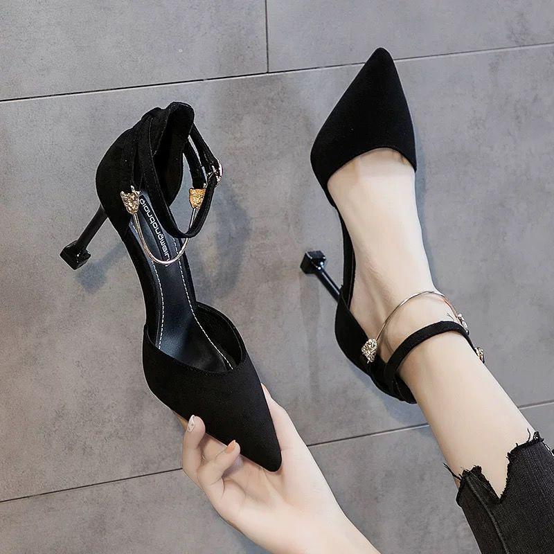 Spring  Summer Mid-heel 7cm High-heeled Shoes Women's Stiletto Pointed Toe Toe Sandals One-word Buckle Hollow Single Shoes