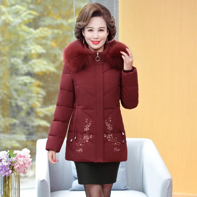 Winter Down Cotton Jacket Fashion Fur Collar Hooded Mid-length Jacket Thick Warm Cotton Jacket Suitable for Middle-aged Women