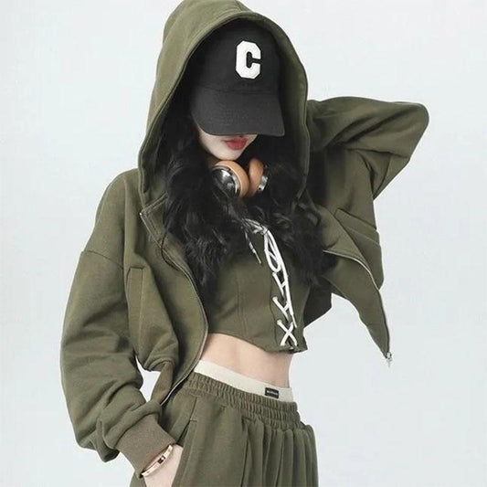 3PCS Women's Sports Street Adjustable Tube Top + Short Jacket + Loose Pants Three-piece Suit Ladies Long Sleeve Hooded Cardigan Jacket Suit