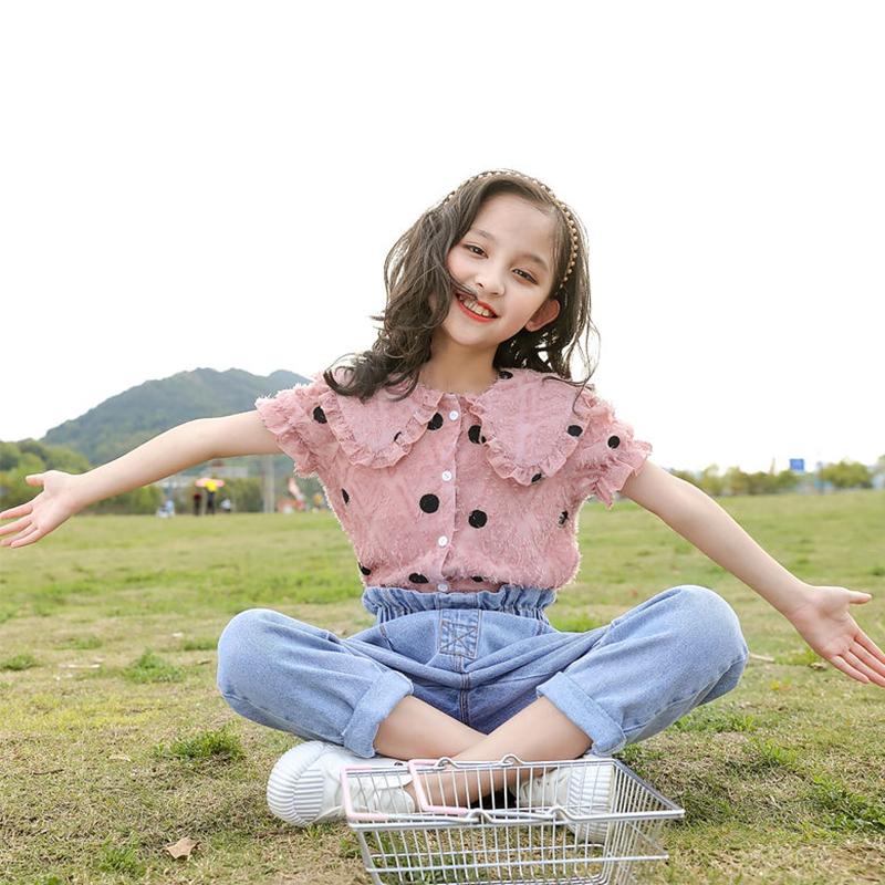 2PCS Children Clothing Set Spring Summer Girls Suits Wave Point Short Sleeve Tops + Denim Pants Clothing Set