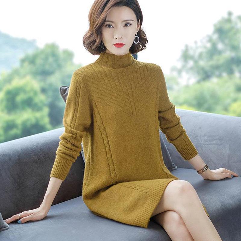 Autumn and Winter Mid-length Sweater Loose Long-sleeved Knitted Bottoming Shirt All-match Half High Collar Dress