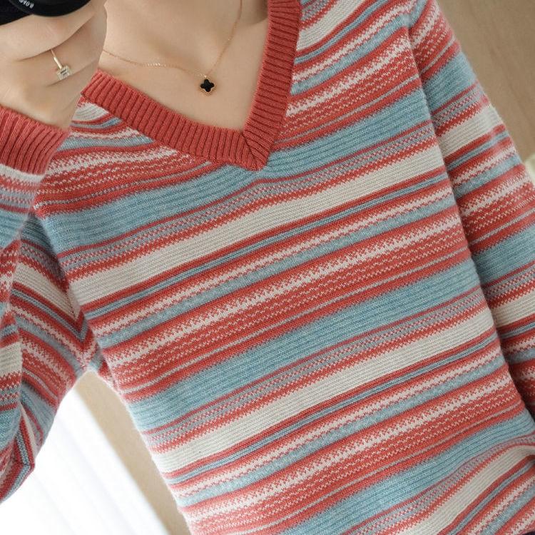 Autumn and Winter Color Matching Sweater Loose Large Size V-neck Top Fashion Knitted Women's Bottoming Shirt