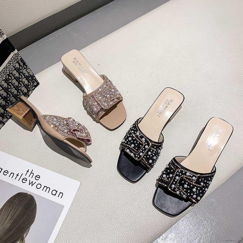 Plus Size 34-41 Women All-match Shiny Slippers Outdoor Diamond High Heels Bohemian Beach Wear-resistant Non-slip Slippers Pearl Sandals