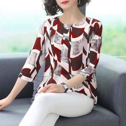 Printed Top Women's Three-quarter Sleeve Spring and Autumn T-shirt Round Neck Loose Top