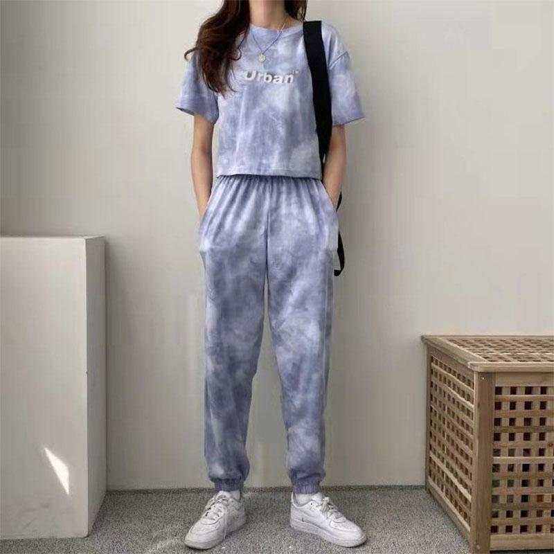 2PCS Women's Casual Suit Summer Korean Version Loose Tie-dye Sportswear Fitness Suit Two-piece Short-sleeved T-shirt Wide-leg Trousers Suit