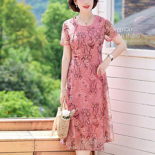 Mom Summer Dress Middle-aged and Elderly Women's Noble Mid-length Chiffon Over The Knee Summer Dress