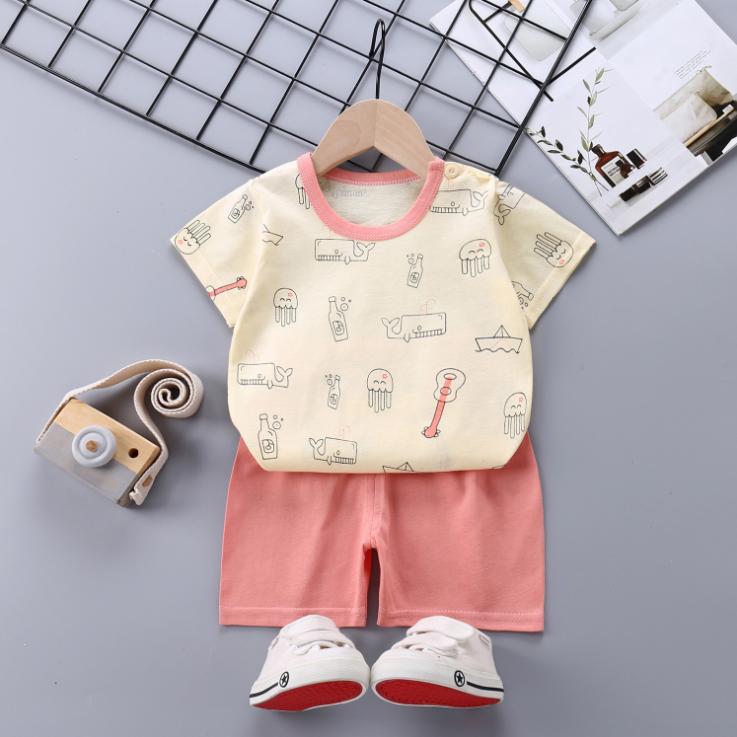 Children's Short Sleeve Suit Korean Style Boys and Girls Set Printing T-shirt + Shorts Two Piece Set