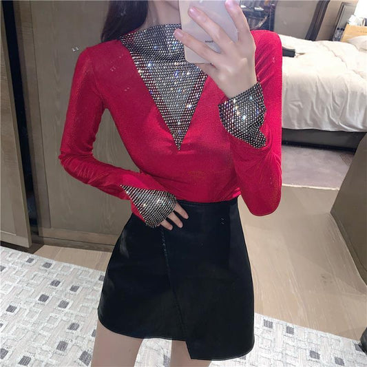 Autumn Winter Vintage Fashion Temperament Design Sense Set Diamond Stitching Base Sexy Blouse Long Sleeve Slim T-shirt Female