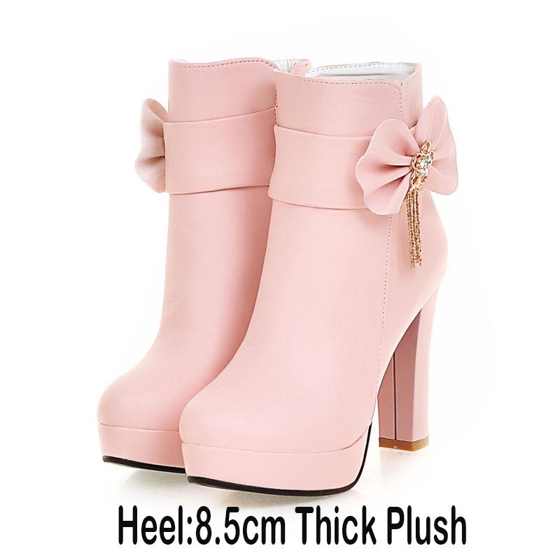 Sweet Ladies Booties Rhinestone Bow Side Zipper High Heel Ankle Boots Female Winter Plush Boots