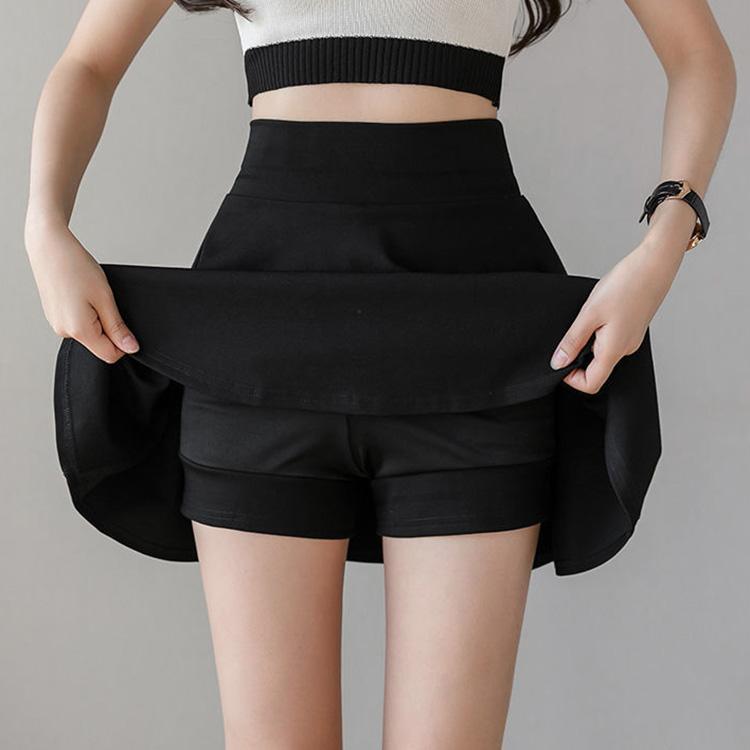 Two Layers High-waist Plus Size Short Skirt Women's A-line Skirt Pleated Skirt Anti-glare Solid Color Big Pocket