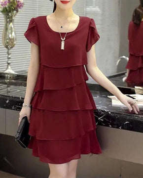 Mid-length Chiffon Dress Women's Short-sleeved Loose and Slim Belly-covering Plus Size Skirt