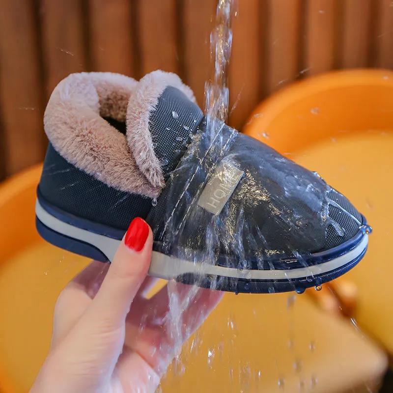 PU Leather Waterproof Children's Cotton Slippers Boys and Girls Kids Cotton Slippers Non-slip Flat Shoes Big Children's Slippers Winter