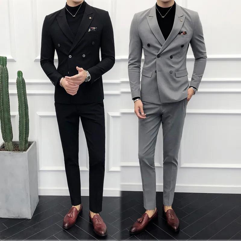 Double Breasted Suit Fit Handsome Groom Best Man Dress Host Suit Jacket Trousers Suit