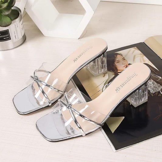 Sandals Women's Summer Wear Fashion All-match High-heeled Sandals Thick with Transparent Crystal Heel Women's Shoes