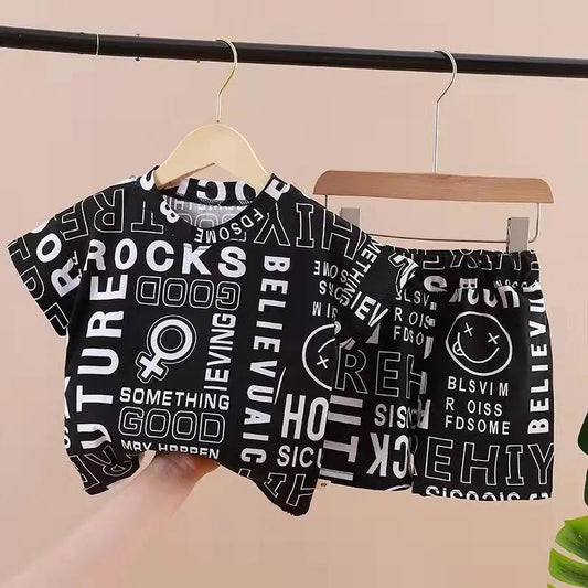 Boys' Summer Clothes Casual Handsome Boys' Short-sleeved Cover Children's Summer Baby Letter Two-piece Suit