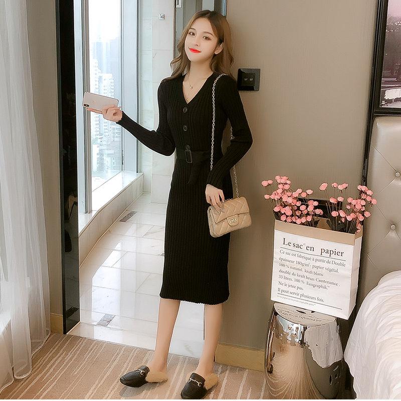 Autumn and Winter Long Sweater Dress Over The Knee Knit Bottoming Shirt V-neck Slim Dress