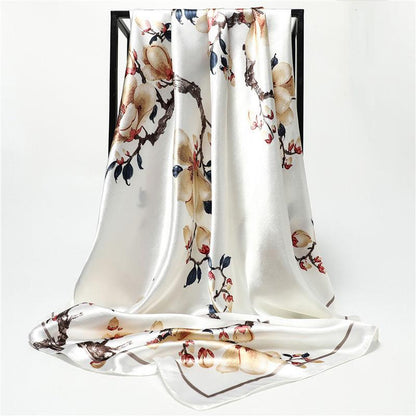 Square Silk Imitation Satin Women Elegant Scarf  Flower Wrap Shawl All-match Headscarf Sunscreen Gauze Shawl