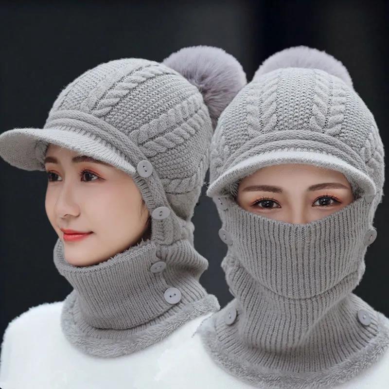 Hat Women's Winter Warmth and Thickened Cycling Wool Knitted Hat All-match Cold-proof Plus Velvet Outdoor One-piece Hat