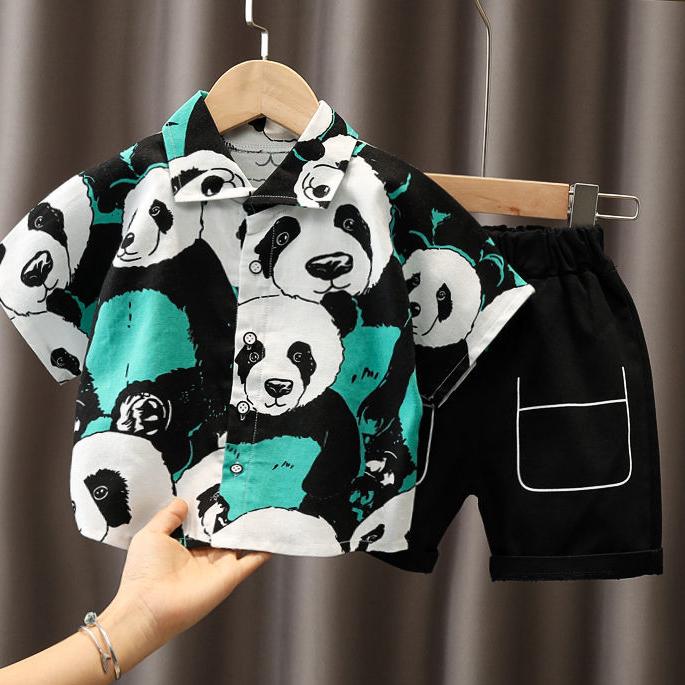 2PCS Children Clothing Set Spring Summer Boy's Printed Panda Shirt Shorts Single Breasted Thin Suits