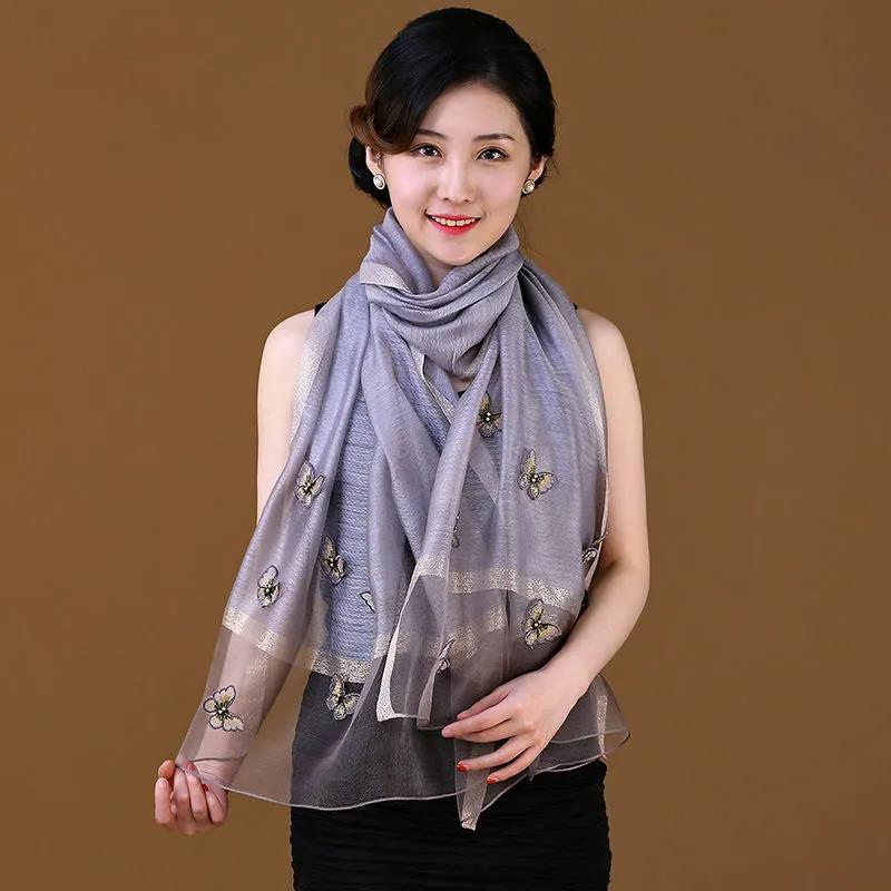 Women's Silk Scarf Mulberry Silk Scarves Autumn Winter Warm Butterfly Embroidery Shawl Long Mother Scarf Female Neck Collar Wrap Shawl Neckerchief