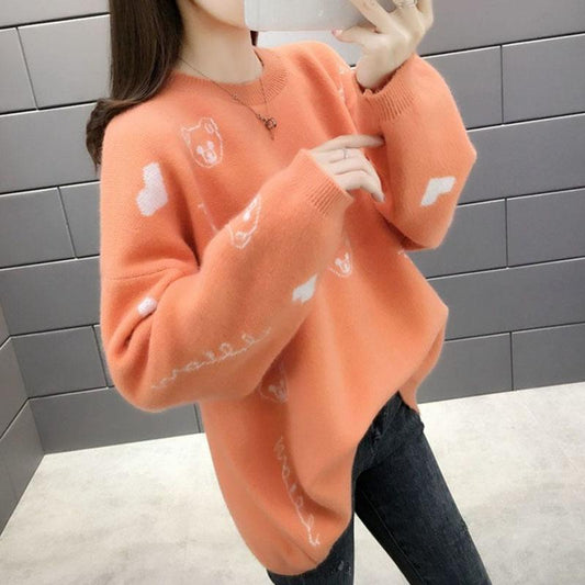 Autumn and Winter Thick Plus Size Sweater All-match Thinner Round Neck Jacket Lantern Sleeve Knitted Female Top