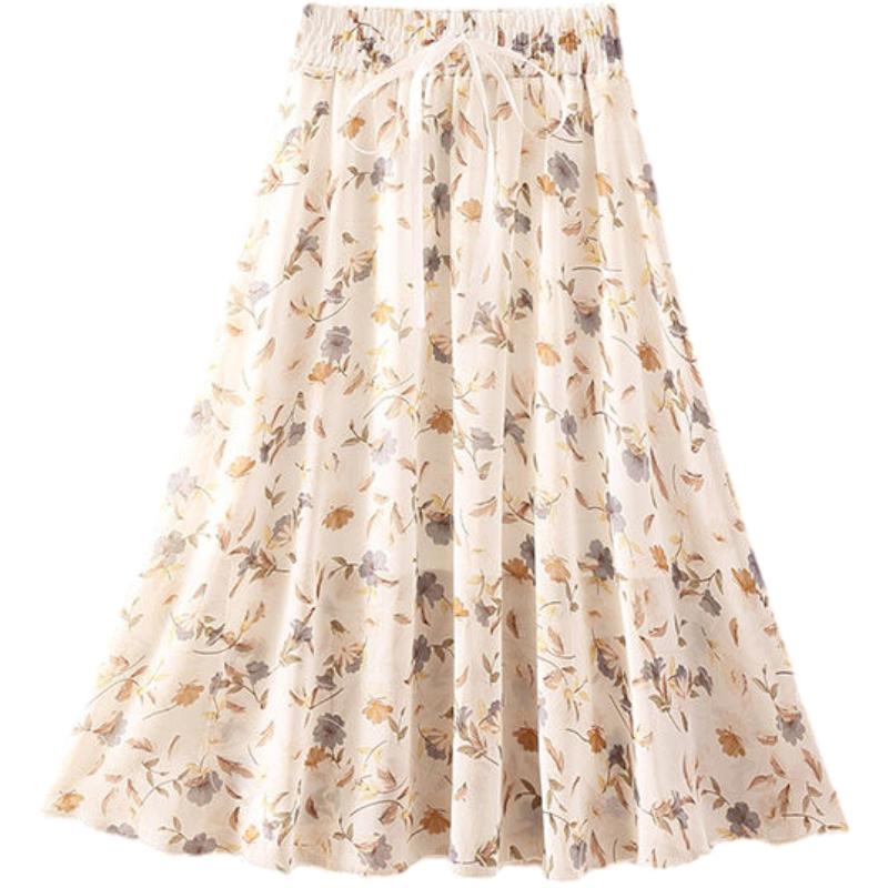 Elastic Waist Pleated Floral Skirt Summer Women's High Waist Mid-length A-line Draping Chiffon Fairy Dress