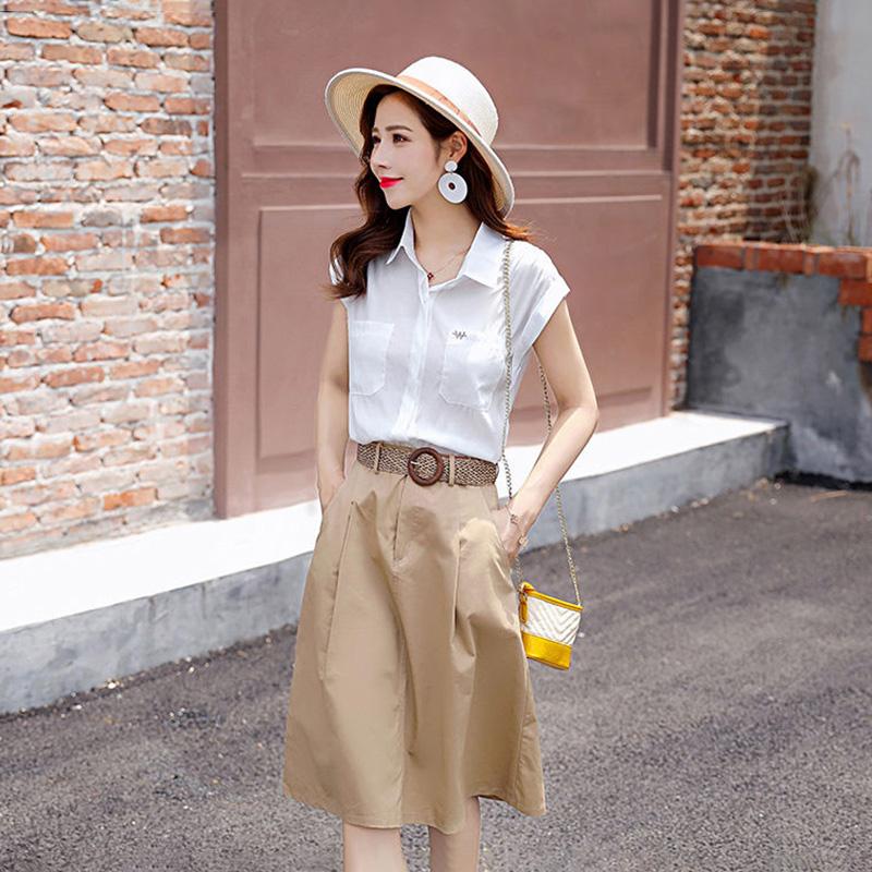 2PC Suit Stand-up Collar Short-sleeved Shirt+ Chiffon Dress Women's Summer French Retro Skirt Fabric Light and Breathable