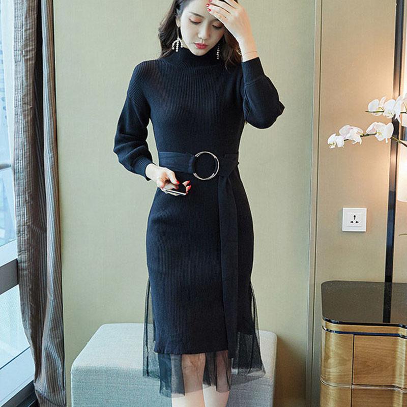 Autumn Winter Women's Long Sweater Dress Calf Length Slim Outer Wear Knit Dress with Belt